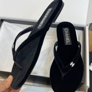 CHANEL Black Velvet Sandals with Silver Detail